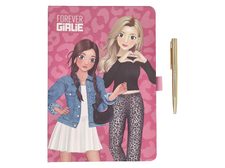 Carnet de notes 'FOREVER GIRLIE' avec deux filles dessinées et un stylo doré.