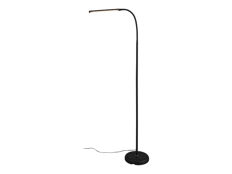 Lampe sur pied LED noire à bras incurvé.