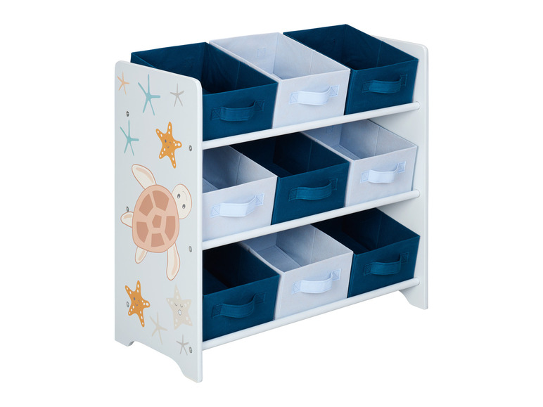 Un étagère de rangement en bois blanc avec des paniers de rangement bleus et gris sur le thème de la mer.