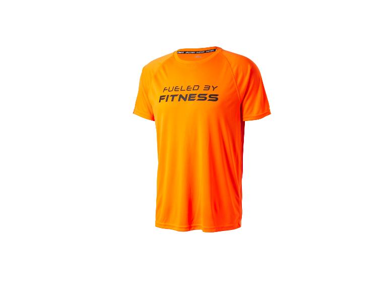 T-shirt de sport orange Crivit avec l'inscription 'FUELED BY FITNESS'.