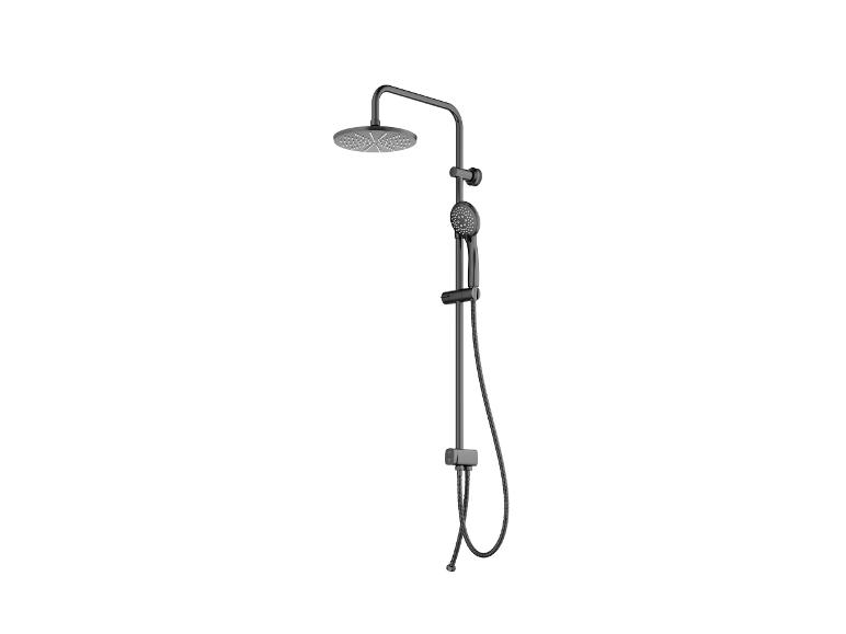 Douche de pluie noire avec pommeau et douchette.