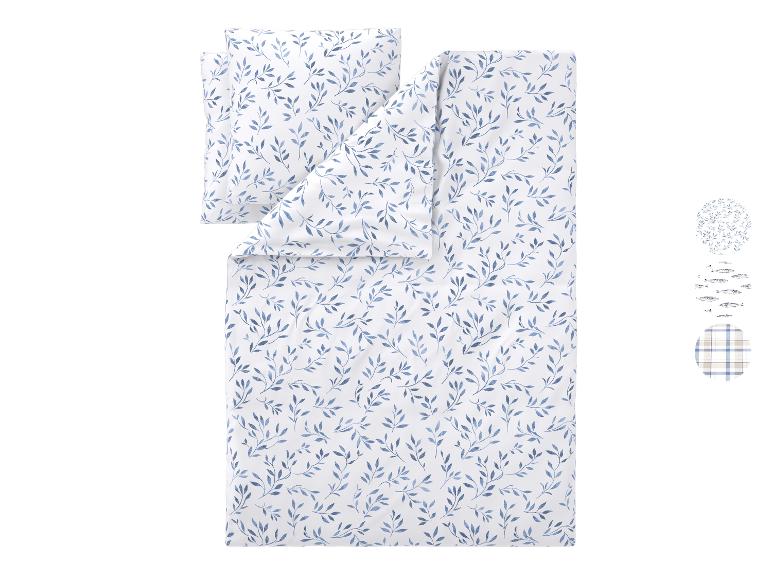 Parure de lit avec motif de feuilles bleues et échantillons de motifs supplémentaires.
