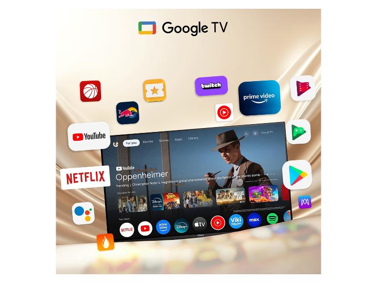 Interface Google TV avec Oppenheimer et des applications de streaming comme Netflix et Prime Video.