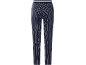 Pantalon femme rayé, bleu marine à rayures blanches et taille élastique.