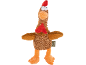 Peluche de poulet marron avec bec et pattes oranges, et crête et barbillon rouges.
