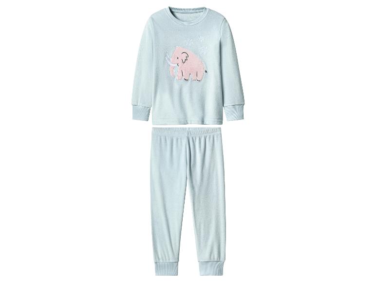 Pyjama enfant bleu clair avec imprimé mammouth rose et flocons de neige.