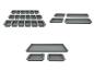 Conteneurs et plateaux de rangement modulaires gris, de différentes tailles et formes.