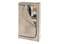 Armoire en tissu beige avec porte ouverte, étagères et barre de penderie.