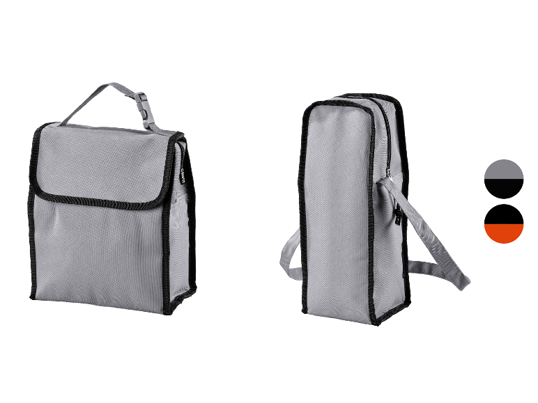 Sac de transport gris avec une bordure noire, montré en deux positions.