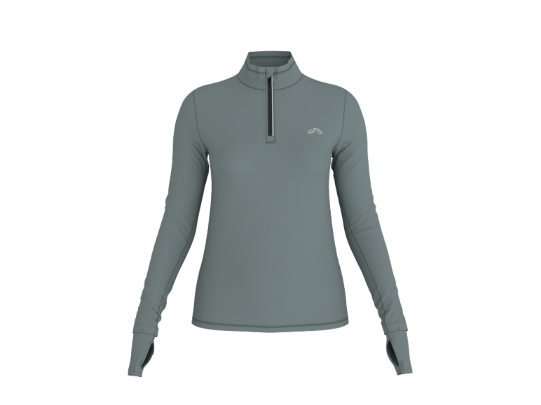 Haut de sport à manches longues pour femme avec col zippé, de couleur gris-vert.