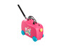 Une valise rose à roulettes avec une image de Peppa Pig et son ami.