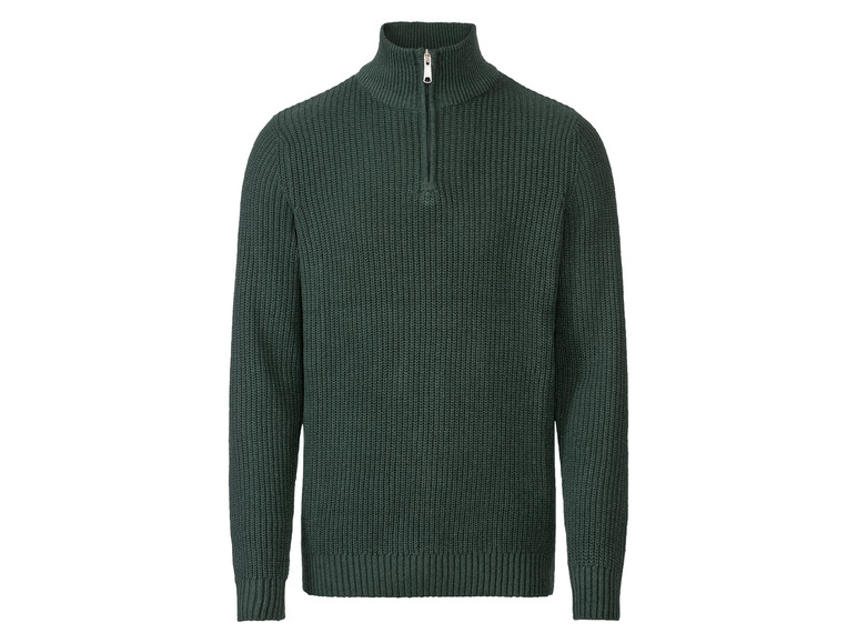 Un pull en maille vert foncé avec une fermeture éclair à mi-chemin.
