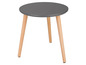 Une table basse grise avec des pieds en bois.