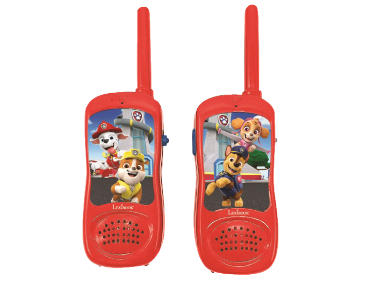 Deux talkies-walkies jouets rouges avec des personnages de la Pat' Patrouille.