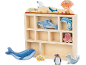 Ensemble de jouets en bois d'animaux marins avec étagère de présentation, comprenant baleine, requin, dauphin et pieuvre.