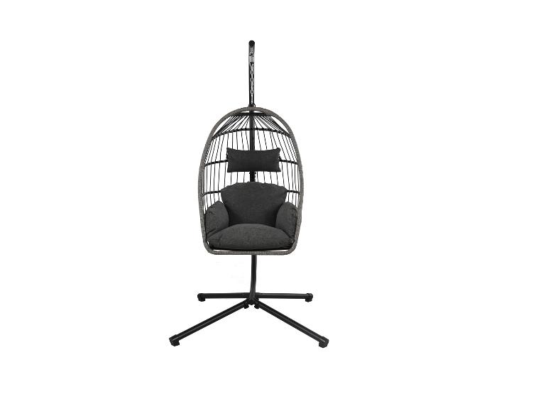 Fauteuil suspendu œuf avec coussin gris foncé et support noir