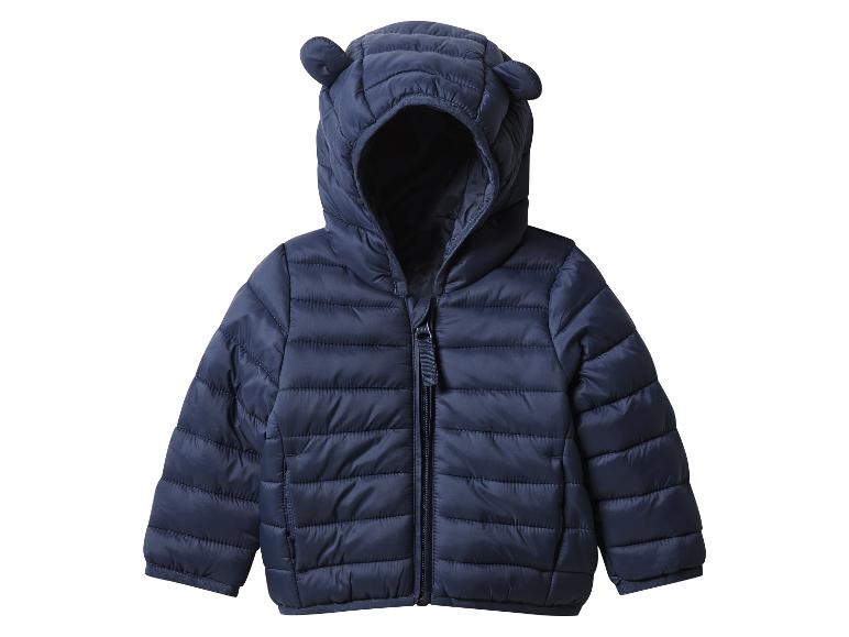 Veste matelassée bleue pour bébé avec capuche.