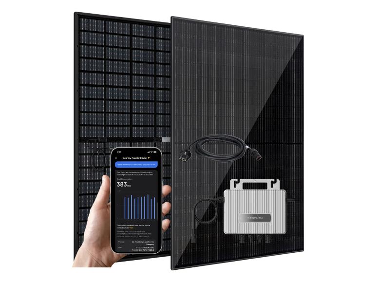 Panneaux solaires avec onduleur EcoFlow et smartphone affichant les données énergétiques.