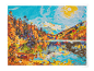 Une toile de peinture par numéros colorée représentant un paysage de montagne automnal avec un lac.