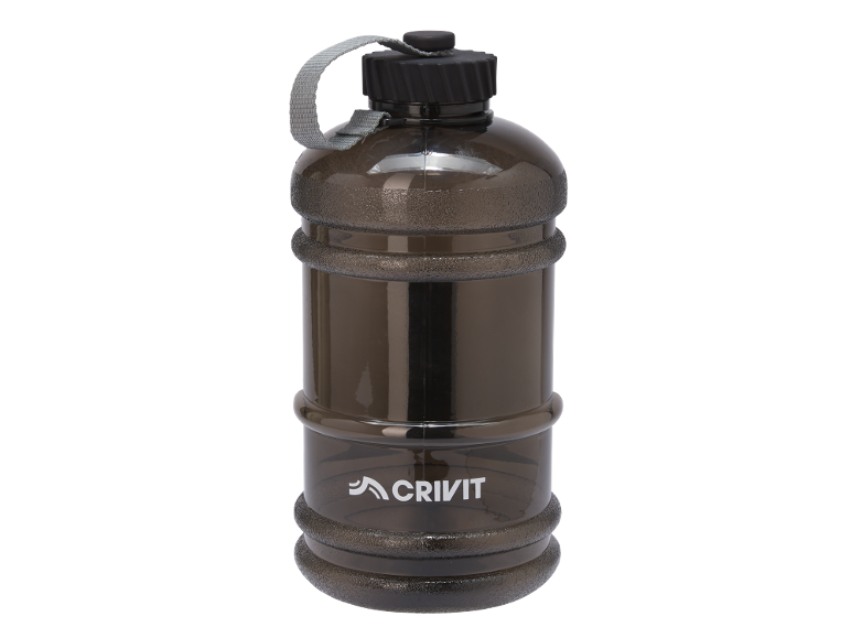Bouteille d'eau de sport transparente avec bouchon noir et sangle grise