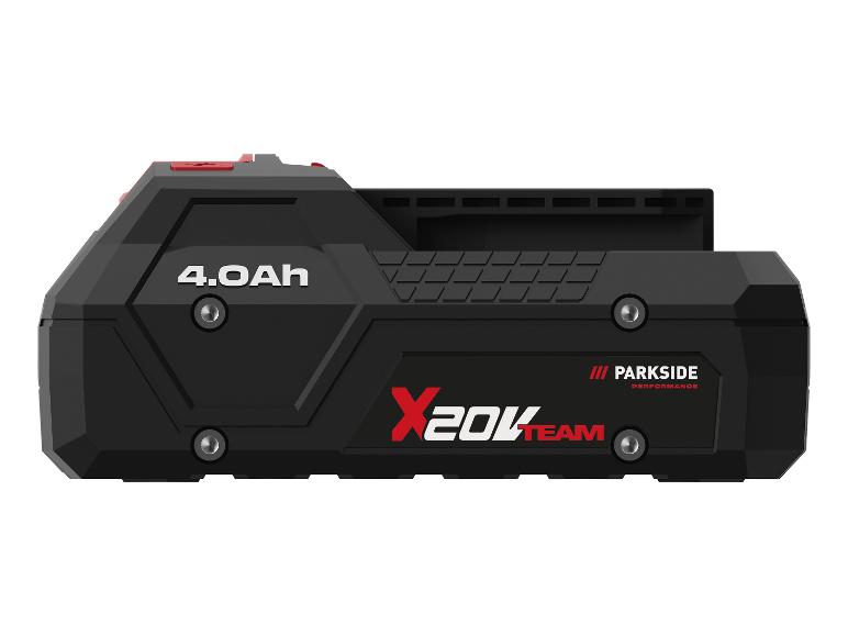 Batterie d'outil électrique noire de 4.0Ah avec des détails rouges et le texte « X 20V TEAM ».