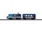 Train de voyageurs bleu en jouet sur rails avec les numéros 74167-1 et 74167-2