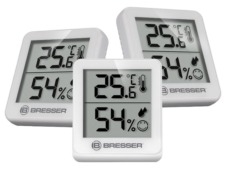 Trois thermomètres numériques BRESSER affichant 25.6°C et 54% d'humidité.
