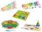 Jouets éducatifs en bois : tri de couleurs, comptage, labyrinthe et construction de blocs.