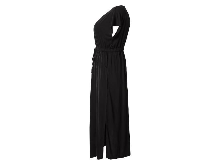 Robe longue noire à manches courtes et taille coulissée.