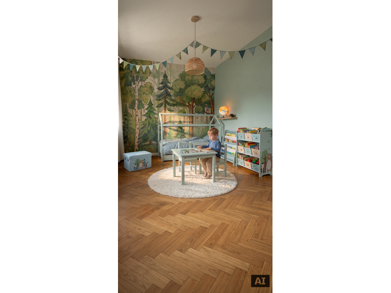 Chambre d'enfant thème forêt avec lit, table, chaises et étagères, un enfant lit.