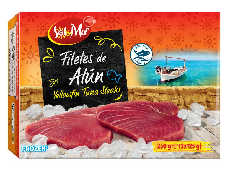 Steaks de thon albacore Sol & Mar, surgelés, 250g (2x125g) avec label de pêche sans DCP.