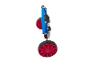 Chariot de plage pliable avec roues rouges et tissu bleu.