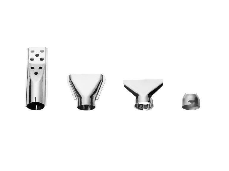 Quatre buses métalliques pour un pistolet thermique, dont une avec plusieurs trous.