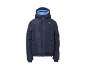 Doudoune matelassée bleu marine pour enfant avec capuche et doublure intérieure bleue.