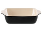 Un plat à gratin noir avec un bord beige.