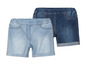 Deux paires de shorts en jean, un bleu clair et un bleu foncé.