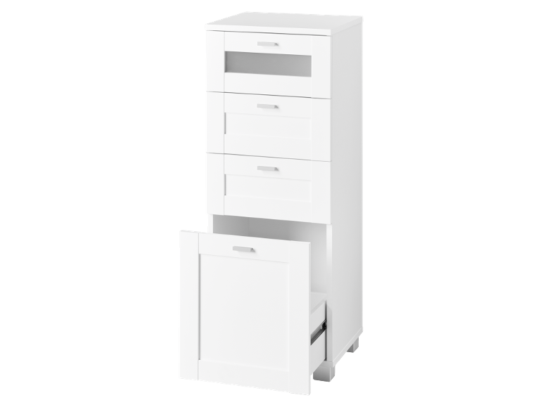 Commode blanche à cinq tiroirs, le tiroir inférieur est ouvert.