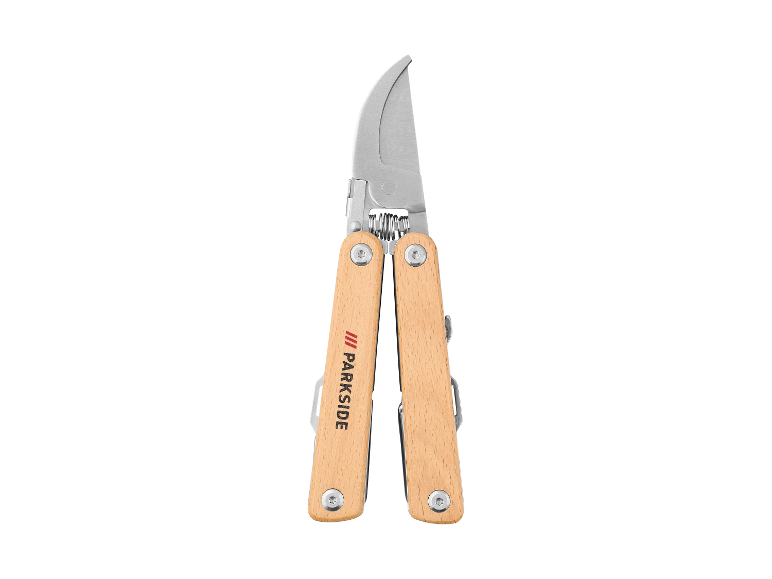 Outils de jardin Parkside pliables avec manches en bois.