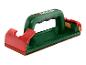 Bloc de ponçage manuel vert avec pinces rouges et papier de verre.