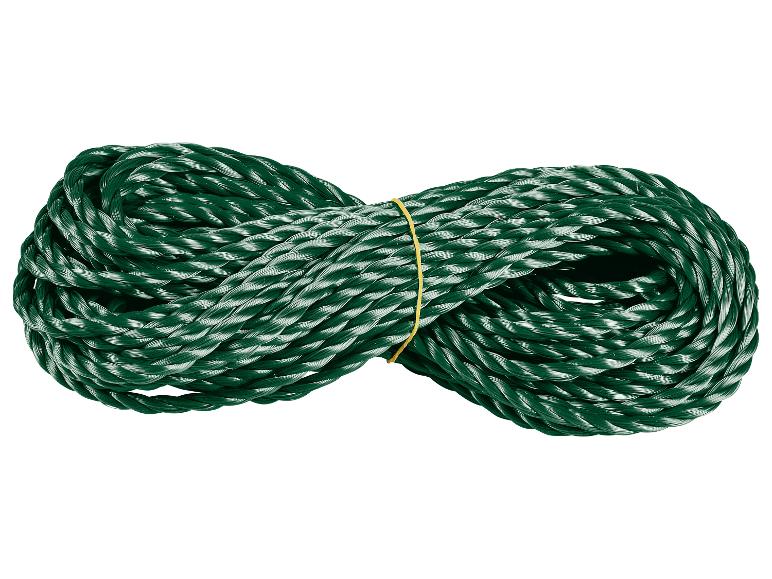 Corde verte enroulée avec une bande jaune au centre.
