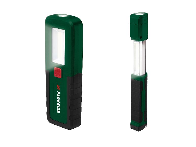 Deux lampes de travail LED PARKISDE, une rectangulaire et une en forme de bâton, toutes deux vertes et noires.