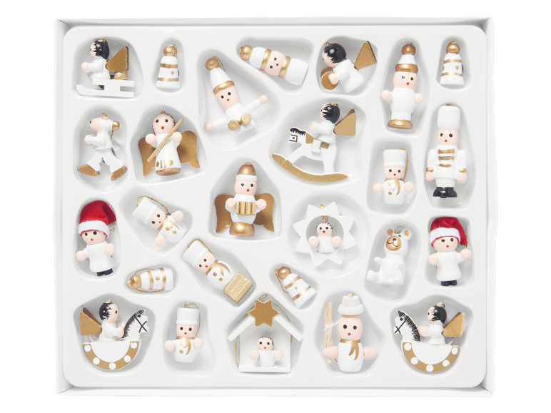 Lot de 24 mini décorations de Noël en bois blanc et or, avec anges, soldats et patineurs.