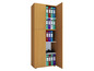 Une armoire en bois avec une porte ouverte, remplie de classeurs et de chaussures.
