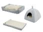 Trois lits pour chiens gris de Zooafari : un panier, un igloo et un lit plat.