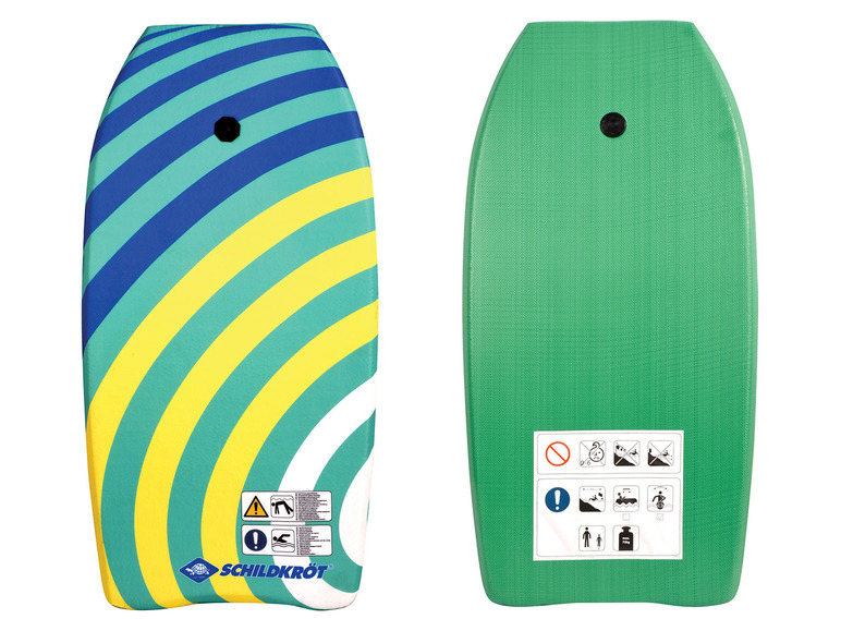 Un bodyboard Schildkröt avec un design rayé vert et bleu.