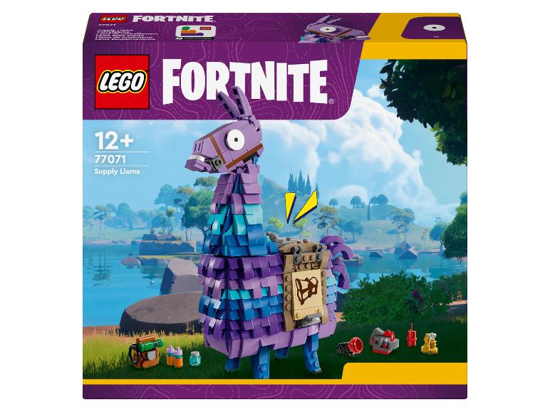 Ensemble LEGO Fortnite 77071 Supply Llama, avec un grand lama violet et des accessoires, sur un fond de paysage aquatique.