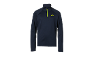 Haut de sport bleu marine à manches longues avec demi-zip et logo jaune fluo.