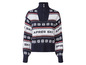 Un pull bleu marine avec un imprimé 'Après Ski' et des flocons de neige.