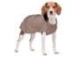 Chien beagle dans une veste marron pour chien, debout et regardant droit devant.