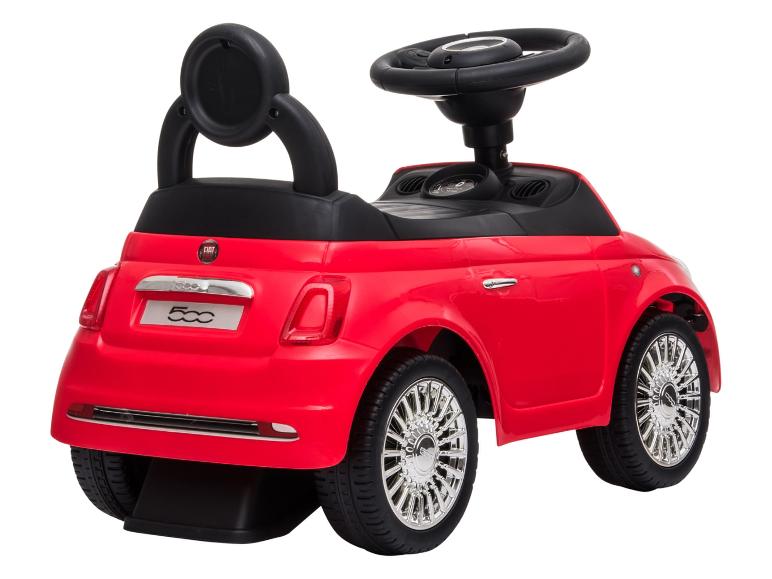 Voiture porteur rouge pour enfant avec siège et volant noirs.